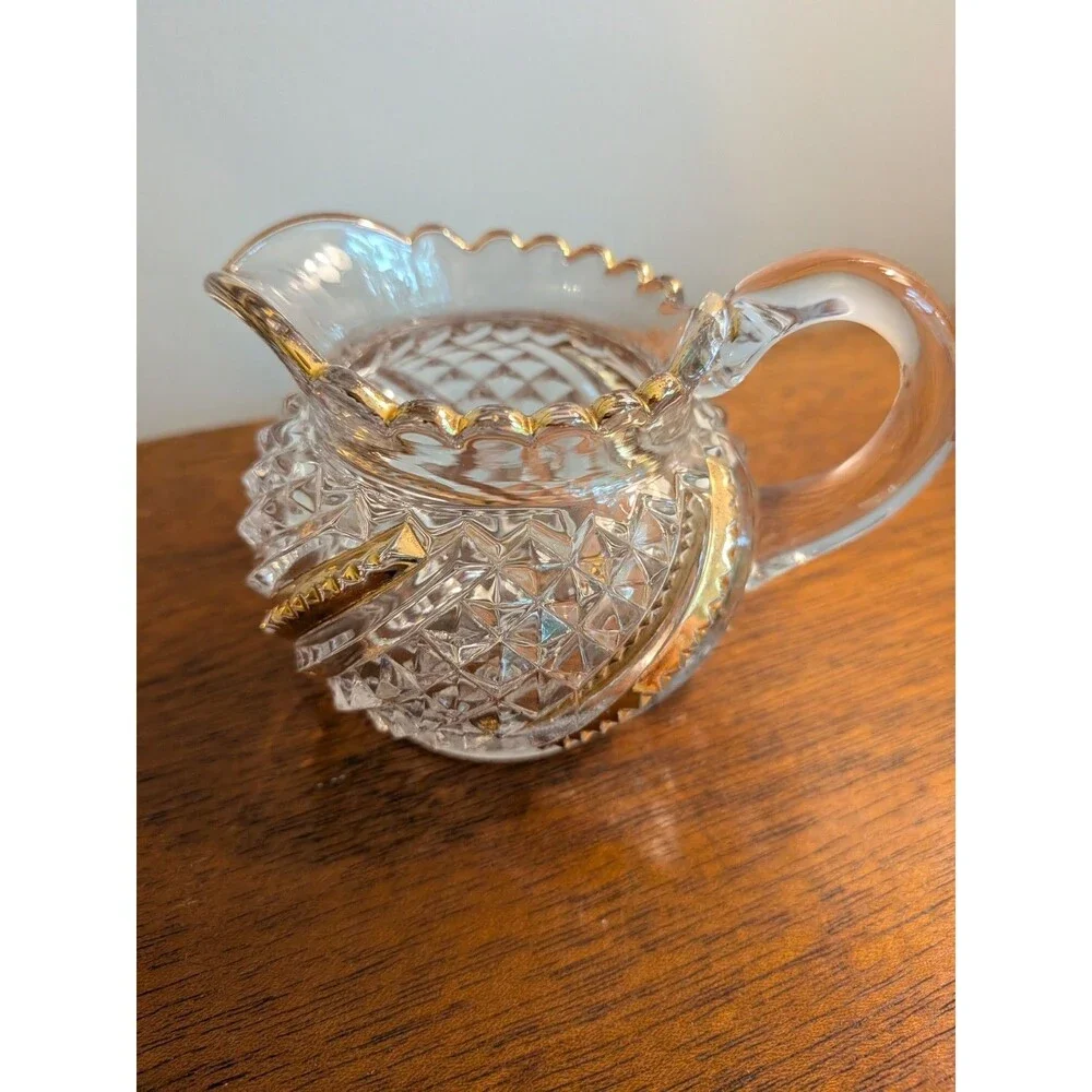 Brilliant Cut Glass/Crystal Creamer Vtg Gold Diamond Star Pattern Scalloped